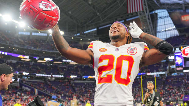 Oct 8, 2023; Minneapolis, Minnesota, USA; Kansas City Chiefs safety Justin Reid (20) salutes the fans after the game against the Minnesota Vikings at U.S. Bank Stadium. Mandatory Credit: Brad Rempel-USA TODAY Sports